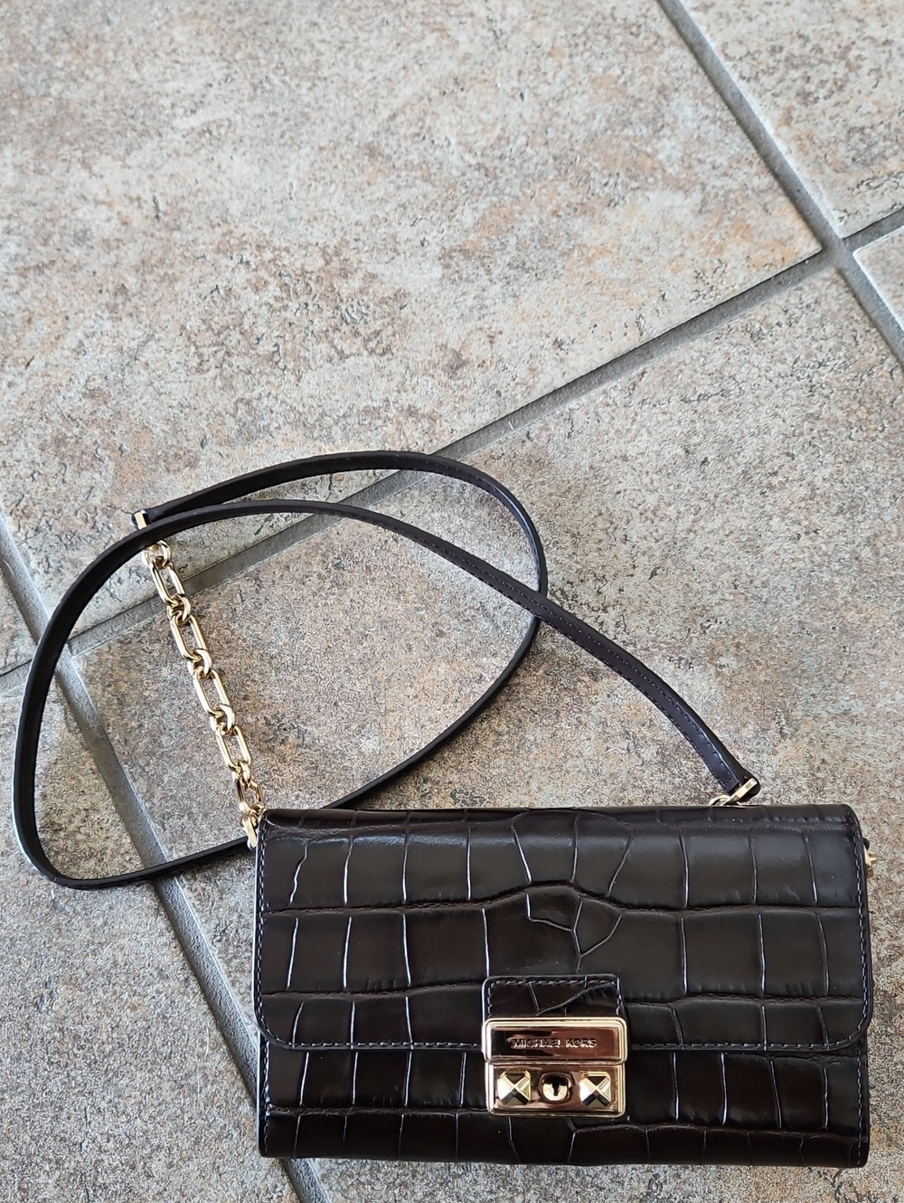 Michael Kors Brown Croc-Embossed Leather Crossbody with Gold Hardware